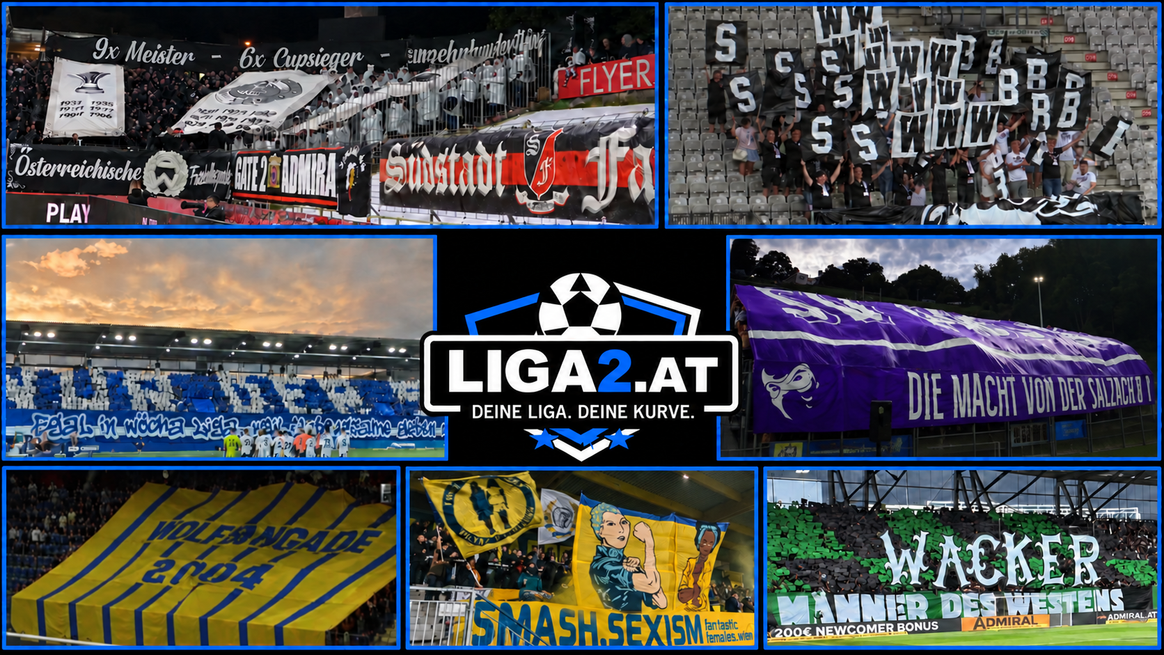 LIGA2.AT – Deine Liga. Deine Kurve. Collage mit sieben Vereinsmotiven.